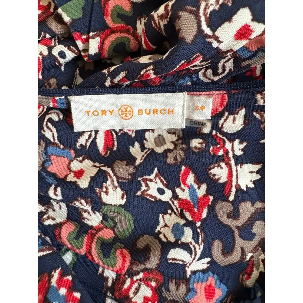 Tory Burch Navy Floral Shift Dress Long Sleeve Keyhole Neck Rayon Size small